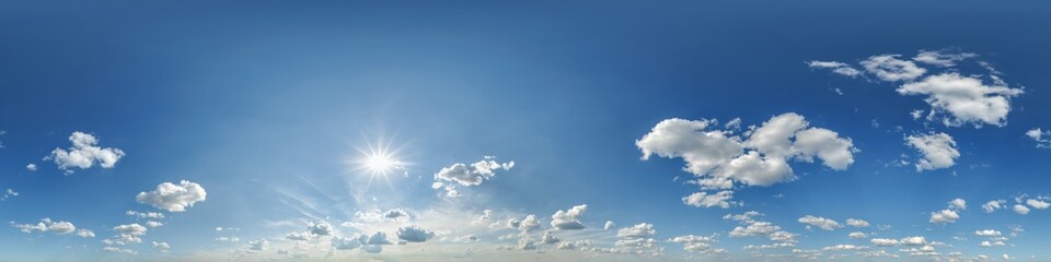 blue sky hdri 360 panorama with white clouds with zenith for use in 3d graphics as sky dome or edit drone shot as sky replacement