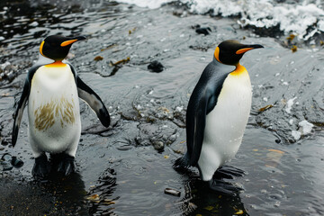 Fototapeta premium Two regal penguins stand by the shore, the waves washing gently over the pebbles under the overcast sky, depicting a moment in their natural habitat.