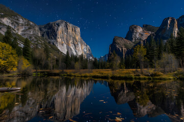 Breathtaking Yosemite night scene with moonlit cliffs and star-filled sky. Nature landscape concept
