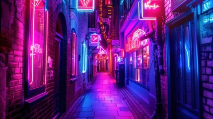 Fototapeta premium A neon light background with bold and bright neon signs in various shapes and colors, illuminating a dark urban alleyway, creating a vibrant and electrifying atmosphere with a hint of mystery and