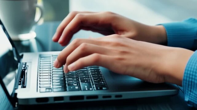 Hands typing on a sleek laptop with a coffee cup nearby.
