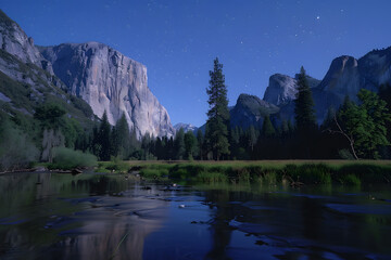 Majestic night view of Yosemite National Park with moonlit granite cliffs. Scenic landscape concept