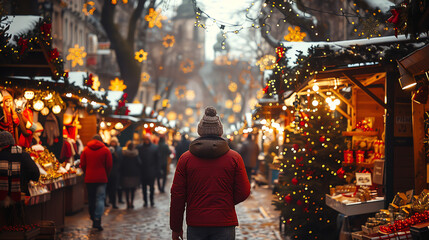  busy Christmas market with decorated stalls, twinkling lights, and people walking around.