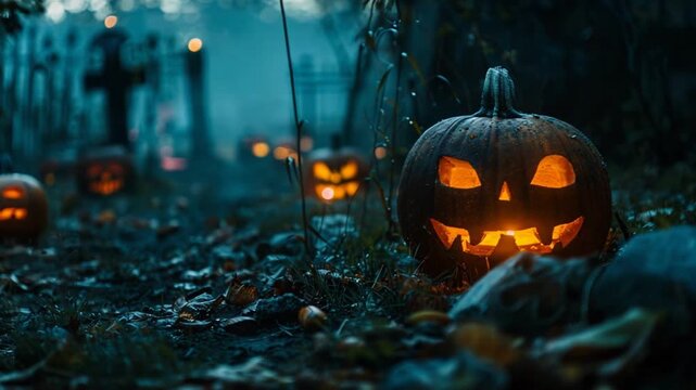 pumpkins at graveyard on a spooky night. halloween background