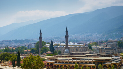 View of the city of Bursa, Mosque Ulu-Jami and Mount Uludag