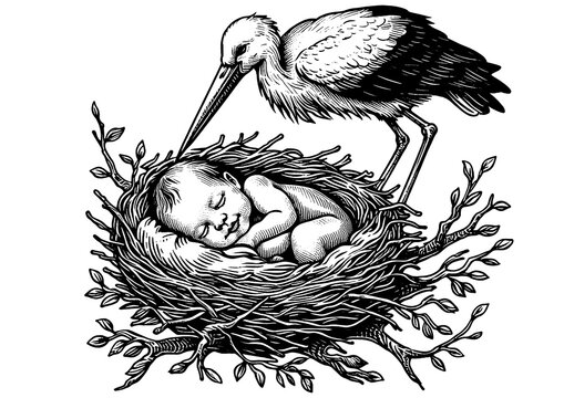 recommend clip art: sleeping baby in a stork nest, watched over by a stork, a classic and whimsical scene sketch engraving generative ai PNG illustration. Scratch board imitation. Black and white image.