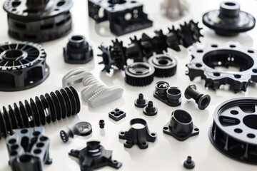 Various plastic parts arranged systematically on a white surface, showcasing engineering innovation and manufacturing diversity.