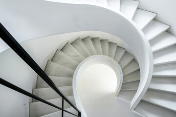Fototapeta premium A modern, minimalist spiral staircase with clean white steps and a black handrail, forming a visually captivating geometric pattern.