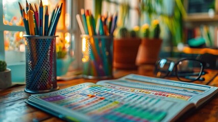 A colorful planner lies open on a wooden table, showcasing a detailed study schedule. A container of colored pencils sits nearby, along with a pair of eyeglasses.
