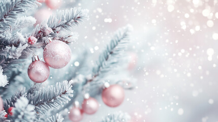 Fototapeta premium A snow-covered Christmas tree branch with pink holiday ornaments against a pastel background with snowflakes