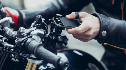 Fototapeta premium A person's hand in a leather jacket attaching a mobile phone to a holder on the handlebars of a motorcycle