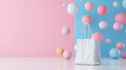 White shopping bag on pink and blue background with pastel balloons.