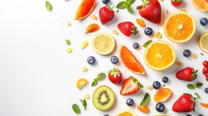 Fresh fruit pieces on white background with empty space top view