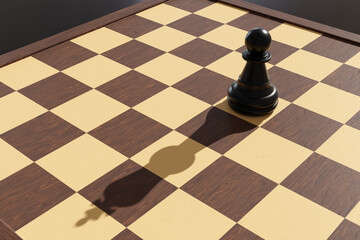 Black pawn on a chess board projecting a shadow of the king piece. Illustration of the concept of improvement, success, transformation and potential capabilities