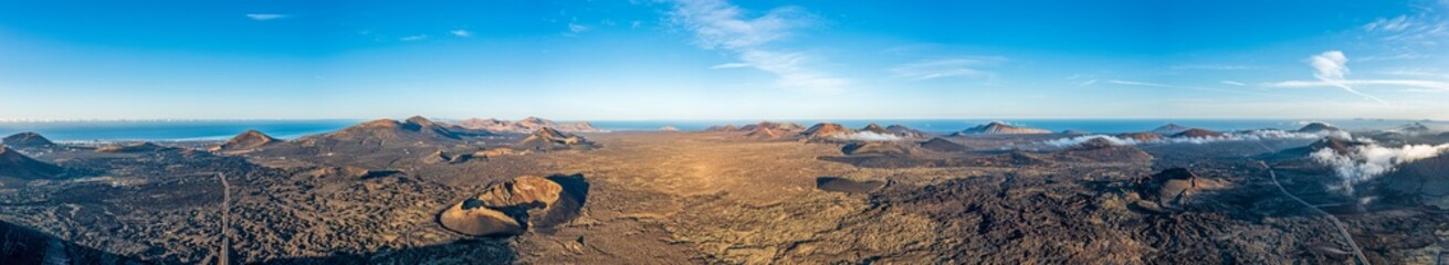 Aerial panoramic view of the barren volcanic Timanfaya National Park on Lanzarote