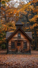Fototapeta premium A charming wooden cabin nestled among vibrant autumn foliage. The warm colors of the leaves create a cozy atmosphere.