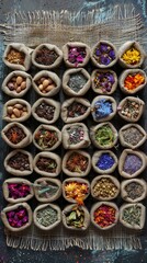 A collection of small burlap sacks filled with various colorful dried herbs and spices arranged in a grid pattern.