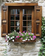 A rustic wooden window with shutters and a flower box full of pink and white blooms, set against a stone wall.
