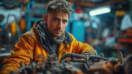 Auto mechanic working in auto repair shop, Concept Car Repair. man service engine, Mechanic fixing car engine in garage for car repair service.