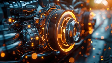 Details of modern car engine with sunlight effect, the powerful engine of a car. Shallow depth of field, internal combustion engine vehicle.