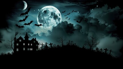 Fototapeta premium A spooky Halloween background featuring dark, eerie elements like a full moon, haunted house silhouettes, and flying bats against a black sky, creating a thrilling and mysterious atmosphere, perfect