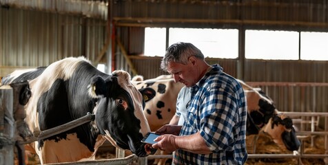 Elderly farmer using a laptop while caring for cows on the farm.Generated image