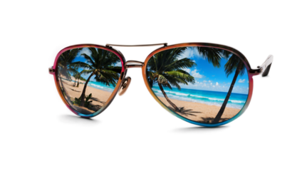 Stylish aviator sunglasses reflecting a tropical beach isolated on white