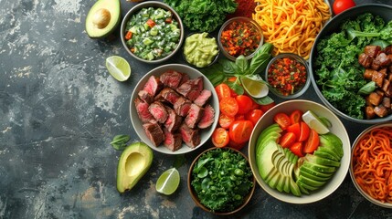 A delicious and healthy grilled meat salad with fresh vegetables. Healthy plant based low carb meal table scene. Cauliflower flatbread and steak, vegetable noodles, kale salads