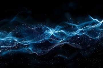 Abstract blue sound wave with particles on black background, digital technology concept of music and audio