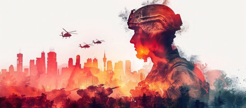 Digital illustration depicting a soldier in a helmet, facing a city skyline with three helicopters flying overhead. Iimage is a double exposure, with the soldiers form superimposed over the city