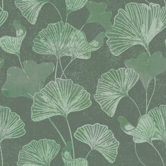 Digital stock illustration of gingko leaf. An endless pattern of green leaves. For wrapping paper. Ideal for wallpaper, surface textures, textiles.Abstract Botanical Seamless Pattern.Bright colours.