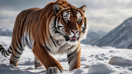 Obraz premium Fierce Siberian tiger crouched. Snowy landscape, Endangered animals, Animals and nature themed wallpaper.