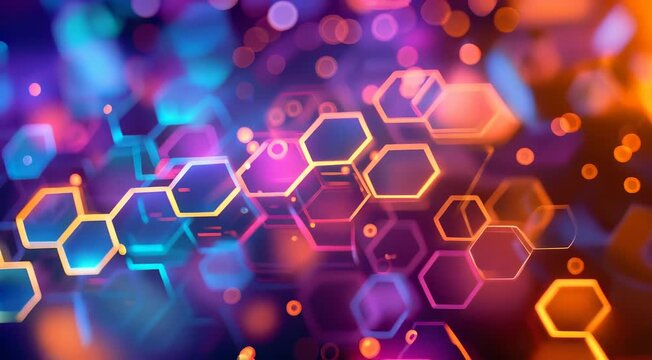 Abstract futuristic background with glowing hexagonal shapes and vibrant gradient colors.