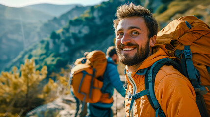 Naklejka premium Joyful Hiking Adventure Group of Happy Hikers Enjoying Nature Smiling and Exploring the Great Outdoors in a Beautiful Mountain Landscape Brainstorming Digital Art