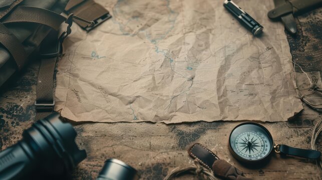 A flat lay of a camping gear arrangement with a blank map