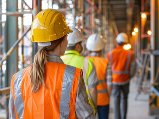 Construction Workers in Safety Gear Walking Through Urban Construction Site During Daylight Hours