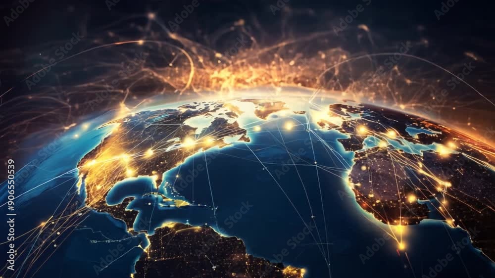 Poster a satellite view of earth with interconnected lines representing the flow of goods, information, and