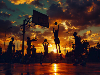 Silhouetted Basketball Players Engaging in a Competitive Game During Majestic Sunset