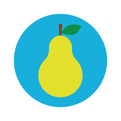 Yellow colorful pear Icon in a blue circle. Pear symbol flat style for your web site design and logo, app, UI. Fresh ripe pear with leaf, fruit, healthy food and vegan concept. Vector illustration.