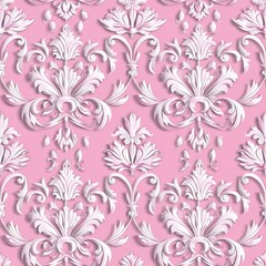 Seamless pattern of baroque scrollwork on pink background