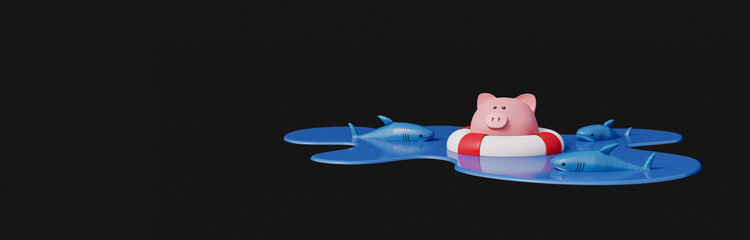 Piggy bank in lifebuoy on blue water pond surrounded by sharks with black background. Savings Protection Concept 3d render 3d illustration