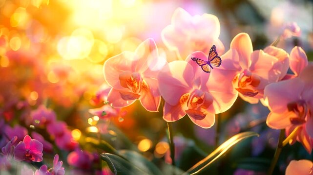 Pink orchids bathed in golden sunlight with a butterfly in flight.