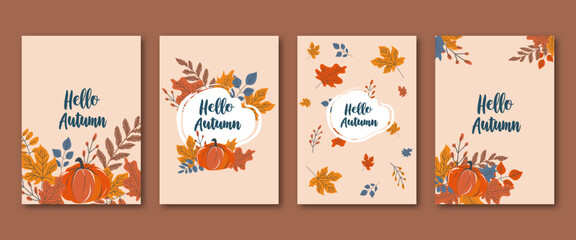 Autumn set of vector illustrations with the text "Hello Autumn" for cards. Pumpkins, leaves of different colors (orange, yellow, brown and blue) and branches. Minimalistic and warm style.