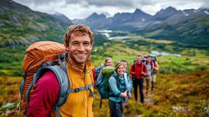 Naklejka premium Joyful Hiking Adventure Group of Happy Hikers Enjoying Nature Smiling and Exploring the Great Outdoors in a Beautiful Mountain Landscape Brainstorming Digital Art