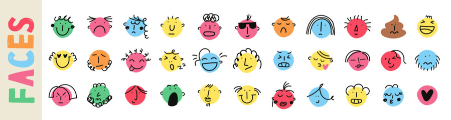 Emoticons big collectioin. Cartoon naive art style. For social Media. Colorful cute faces: sad, angry, joyful, like, etc. All type of emoticons, stickers. Flat vector illustration symbols. icons set.