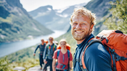 Joyful Hiking Adventure Group of Happy Hikers Enjoying Nature Smiling and Exploring the Great Outdoors in a Beautiful Mountain Landscape Brainstorming Digital Art