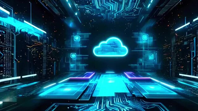 A futuristic digital data center with neon blue lighting, rows of server racks and cables, a glowing cloud symbol in the center representing cloud computing, cyberpunk style