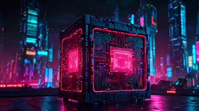 Neon-lit cyberpunk city alleyway, rain puddles reflecting futuristic skyscrapers, vending machine glitching with red digital patterns, dark and moody atmosphere, intricate details, cinematic lighting
