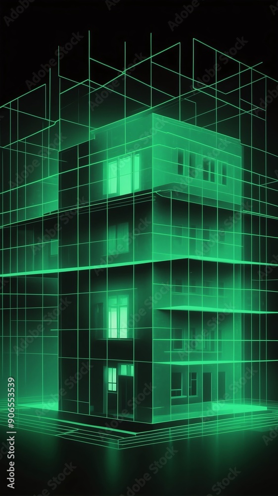 Sticker green hologram modern house projection grid technology abstract background with copy space