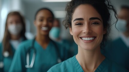 Obraz premium Happy doctors and nurses, united in teamwork, posing for a group portrait in a hospital, reflecting their commitment to patient care and healthcare success